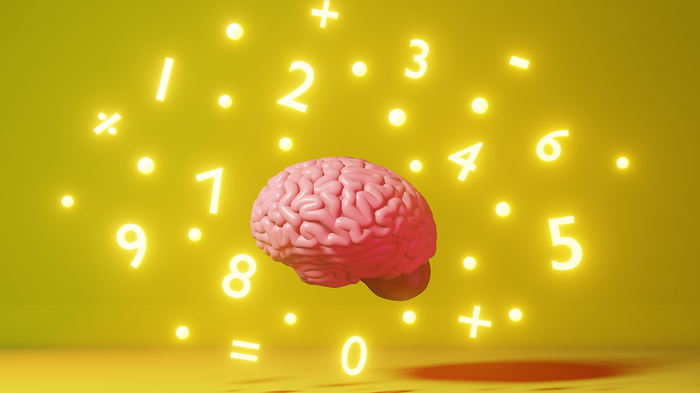 3D illustration of a human brain surrounded by glowing numbers and math symbols on a yellow background, symbolizing mathematical thinking or learning.