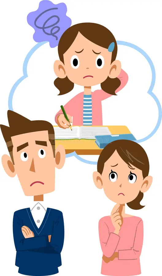 Two worried adults think about a confused child doing homework. The child has a thought bubble with scribbles, indicating frustration.
