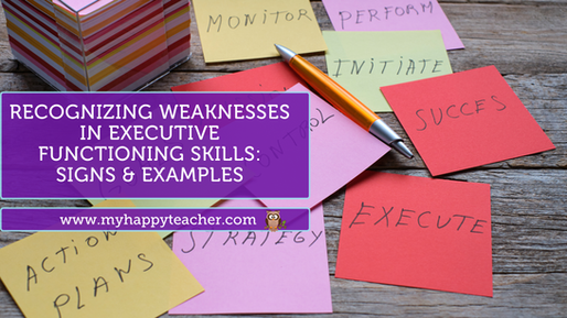 Colorful sticky notes with words like "Monitor," "Initiate," "Action Plans," and "Execute" scattered on a wooden table, alongside a pen. This image is perfect for a blog about recognizing weaknesses in executive functioning in children, focusing on signs and examples to help parents identify and address these challenges.