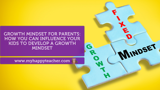 A yellow background features four puzzle pieces, with two labeled "Fixed" and "Growth" in red and green text, respectively, while the larger pieces spell out "Mindset" in bold black letters. A purple text box on the left reads: "Growth Mindset for Parents: How You Can Influence Your Kids to Develop a Growth Mindset." Below it is the website URL "www.myhappyteacher.com" accompanied by a small owl graphic. The image emphasizes the contrast between a fixed and a growth mindset.