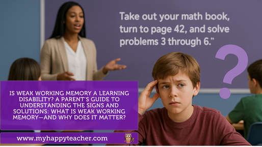 A confused student sits at his desk with a math book as a teacher gives verbal instructions in a classroom; text discusses weak working memory and learning disabilities.