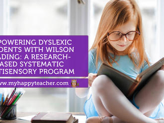 A young girl with red hair and glasses is sitting cross-legged while reading a book. She appears focused, and is wearing a light blue dress. In the foreground, there is a purple text box that reads: "Empowering Dyslexic Students with Wilson Reading: A Research-Based Systematic Multisensory Program." Below the text box is the website URL "www.myhappyteacher.com" with a small owl graphic beside it. A pencil holder with colorful pencils is visible on a desk in the lower left corner of the image. The scene is bright and calm.