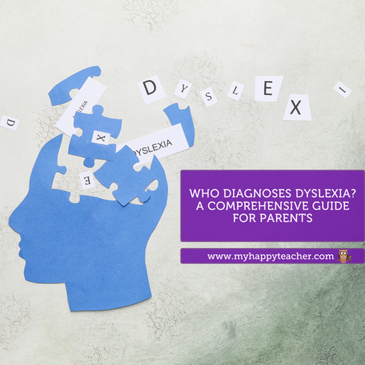 Banner for a blog post titled 'Who Diagnoses Dyslexia?' showing a side profile of a head with a brain made of puzzle pieces, some missing. Letters and the word 'dyslexia' emerge from the incomplete puzzle, symbolizing that diagnosing dyslexia is like solving a puzzle, with many people holding different pieces.