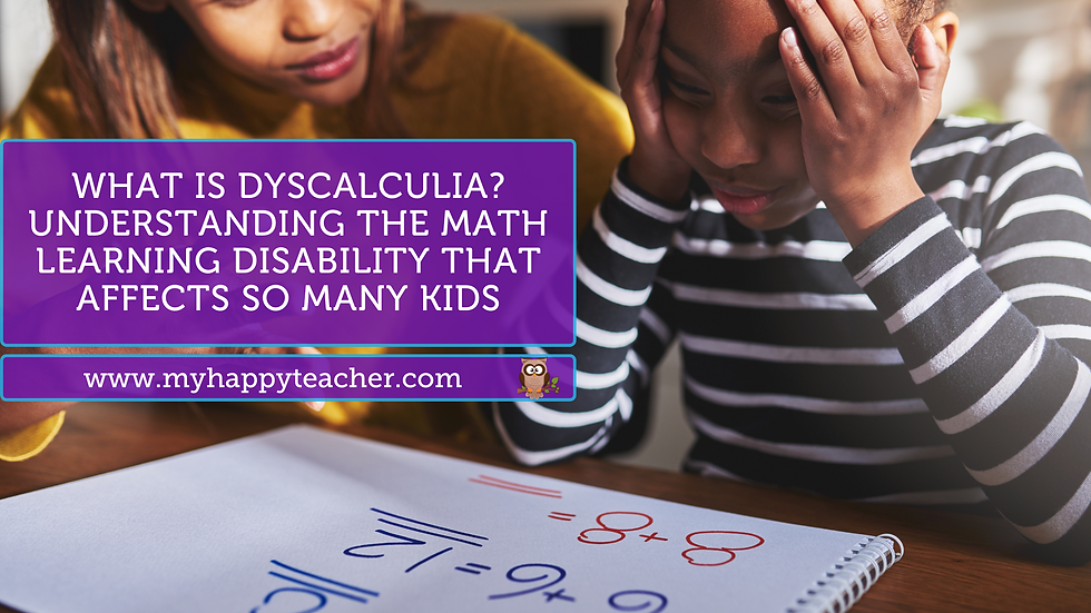 A young boy looks frustrated while struggling with math problems, with a supportive adult beside him. Text on the image reads: “What is Dyscalculia? Understanding the math learning disability that affects so many kids.” The image includes the website www.myhappyteacher.com and a cartoon owl logo.