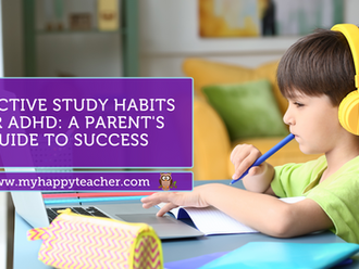 A young boy wearing yellow headphones, sitting at a desk with a laptop and a notebook, deep in thought while holding a pencil. The image is overlaid with text: "Effective Study Habits for ADHD: A Parent's Guide to Success" and the website URL "www.myhappyteacher.com." This visual underscores the importance of tailored study strategies and parental guidance for children with ADHD to achieve academic success.