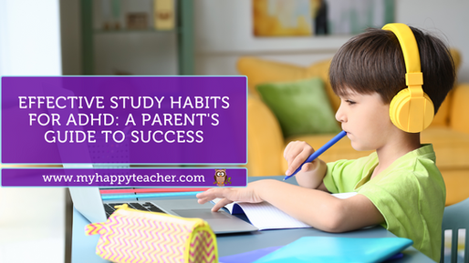 A young boy wearing yellow headphones, sitting at a desk with a laptop and a notebook, deep in thought while holding a pencil. The image is overlaid with text: "Effective Study Habits for ADHD: A Parent's Guide to Success" and the website URL "www.myhappyteacher.com." This visual underscores the importance of tailored study strategies and parental guidance for children with ADHD to achieve academic success.