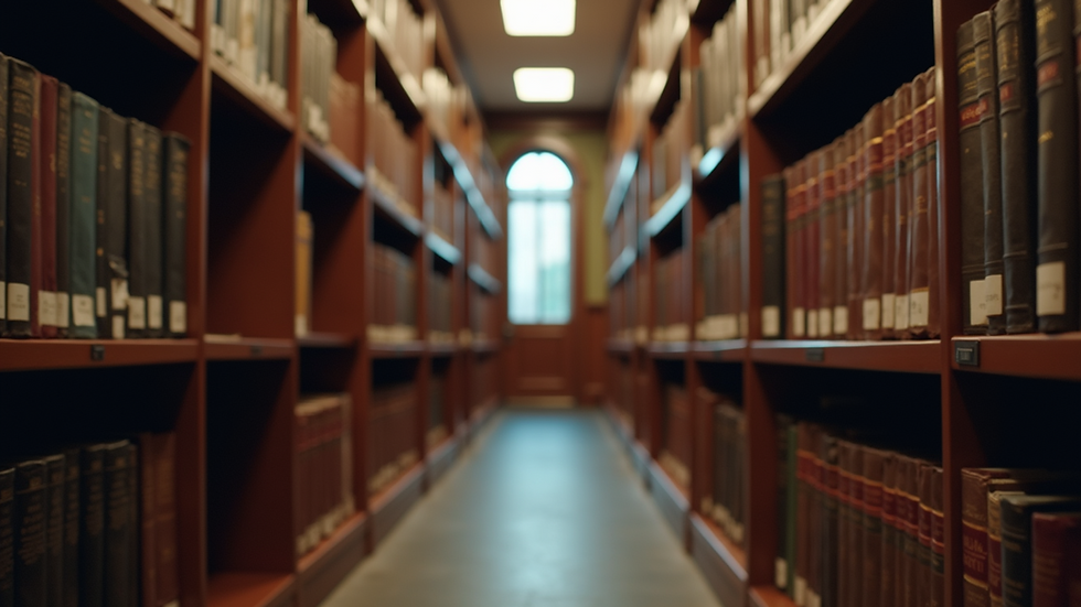 Eye-level view of a law library filled with books