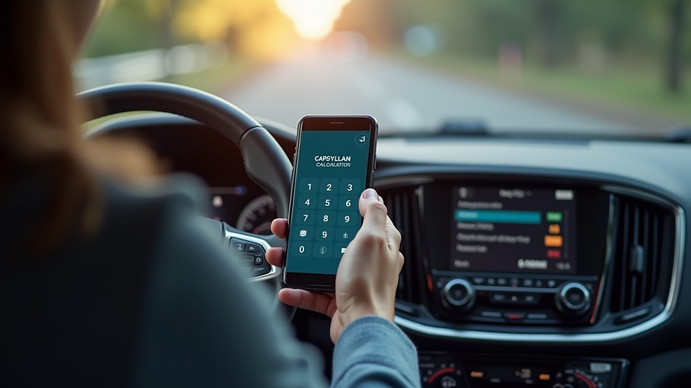 Eye-level view of a car dashboard showing a loan calculator on a smartphone
