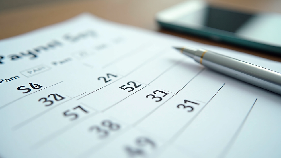 Close-up view of a calendar with marked payment dates and a pen