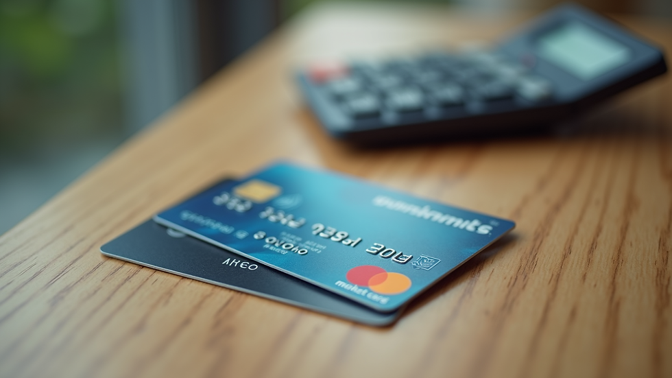 Close-up view of a credit card and a calculator on a wooden table