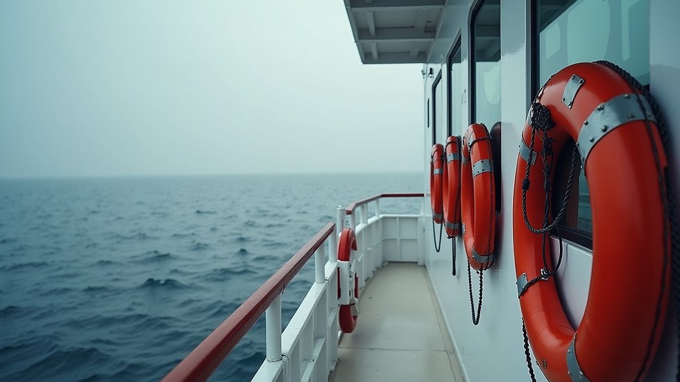 Eye-level view of a boat deck with neatly arranged safety equipment