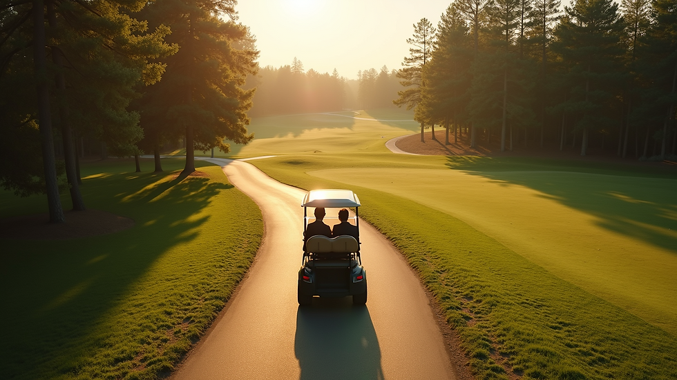 High angle view of a golf cart driving on a sunlit path with long shadows
