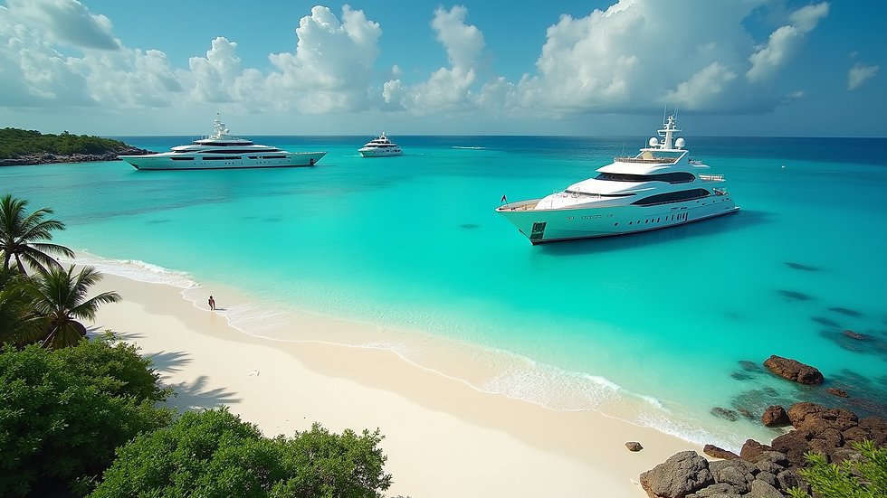 High angle view of a turquoise Caribbean beach with luxury yachts anchored nearby