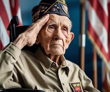 aN ELDERLY wwii VETERAN IN A WHEEL CHAIR SALUTING THE AMERICAN FLAG.