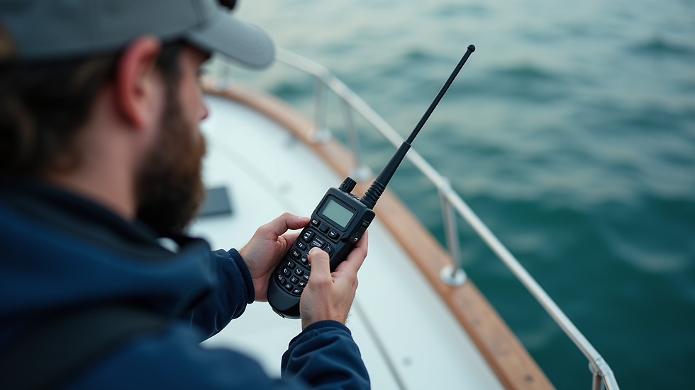 High angle view of a boater using a handheld VHF radio on a boat deck