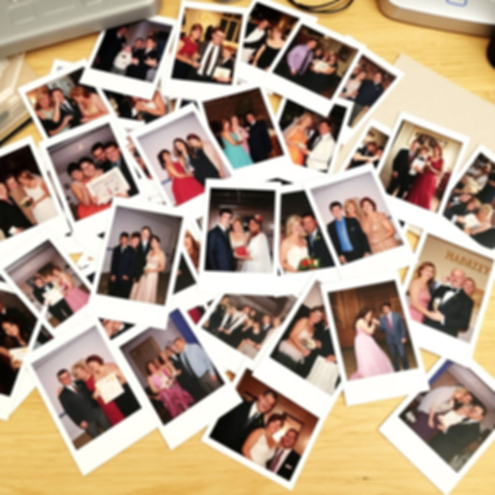 lots of loose photos scattered on a desk top. 4x6 photos of birthdays, proms, weddings, ba