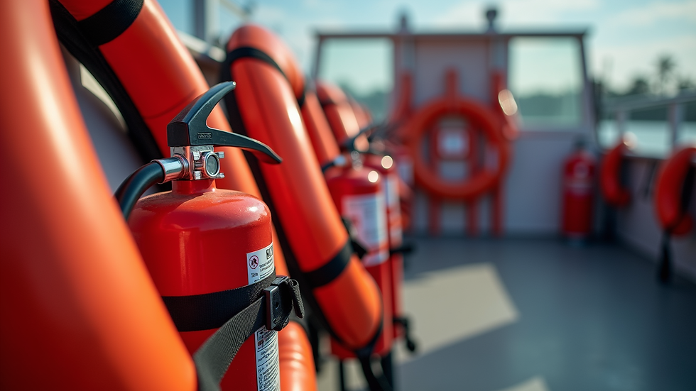 Close-up view of a boat safety kit with life jackets, fire extinguisher, and first aid supplies
