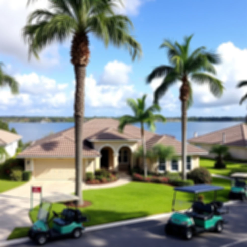 A florida home with palm trees, a lake in the background and golf carts on the street_edit