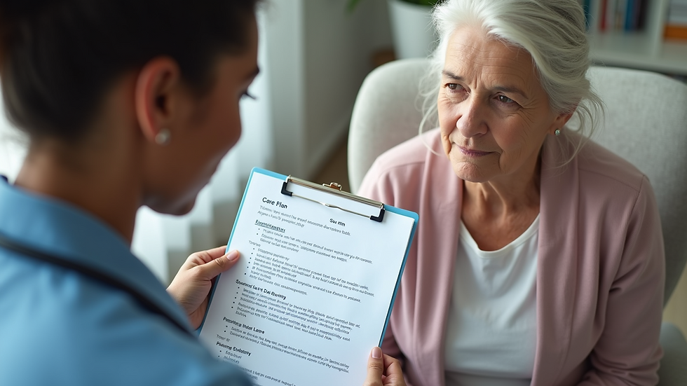 High angle view of a caregiver and senior woman reviewing a care plan document