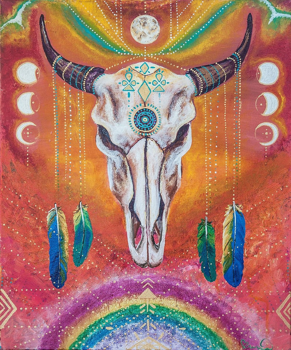 large size hand panted wood print Buffalo Scull Rainbow Bird Tribe original art