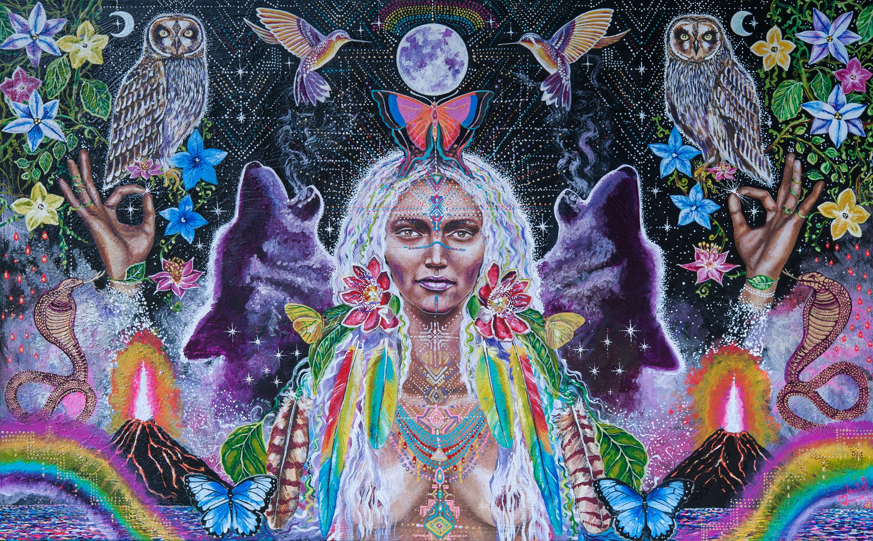 Large size hand painted over wood print Destiny Rainbow Waters