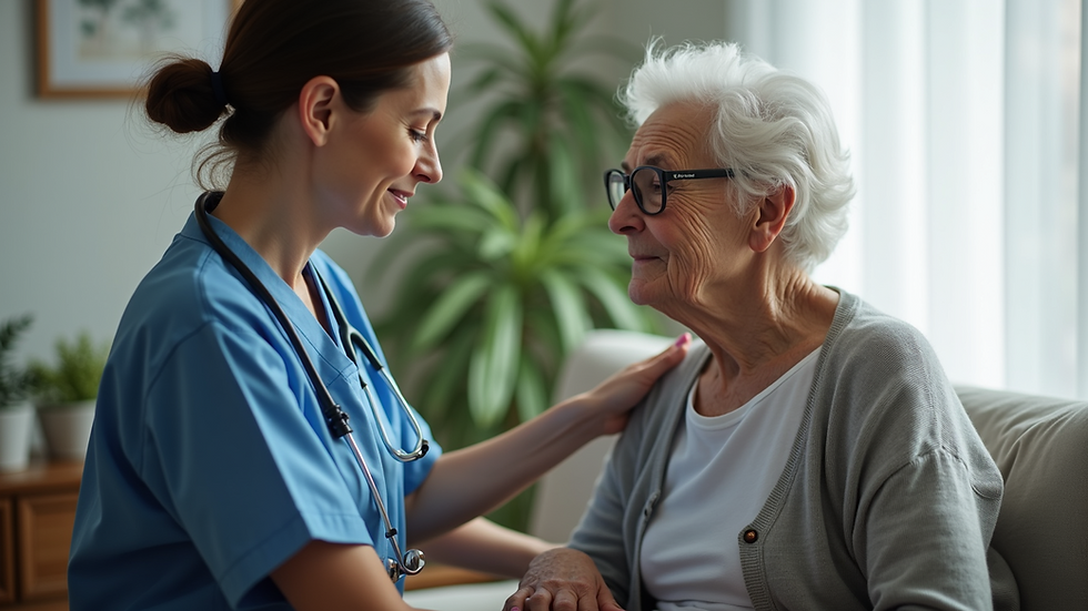 Eye-level view of a nurse assisting an elderly woman in a home setting
