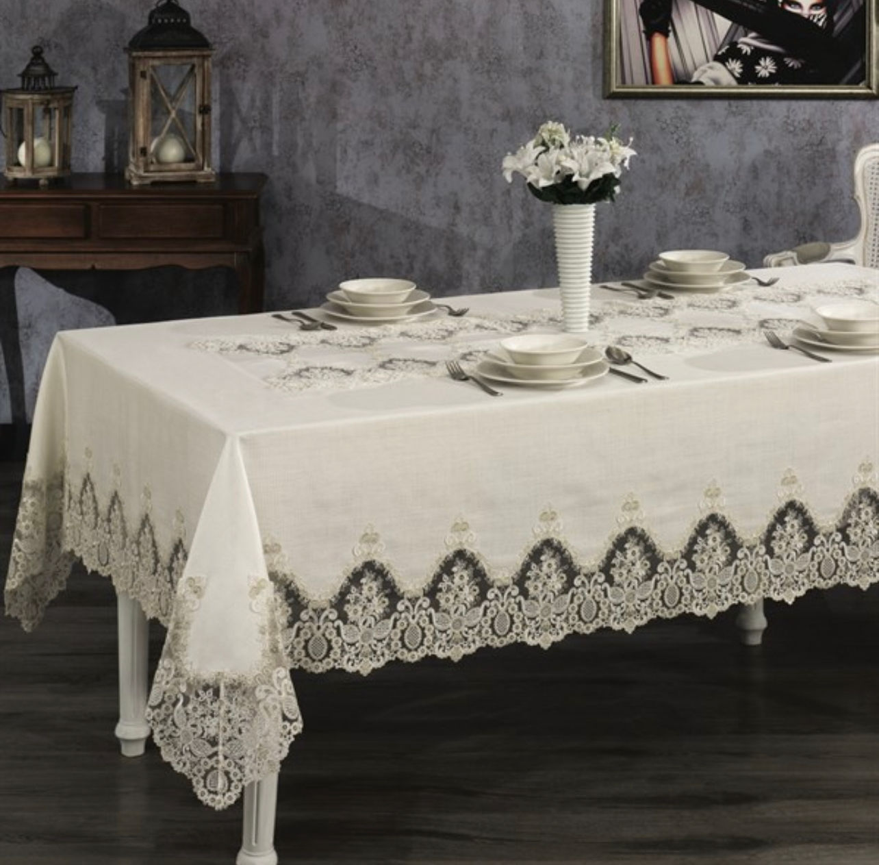 Lisa Güpürlü Leke Tutmaz Masa Örtüsü (160 x 260cm)