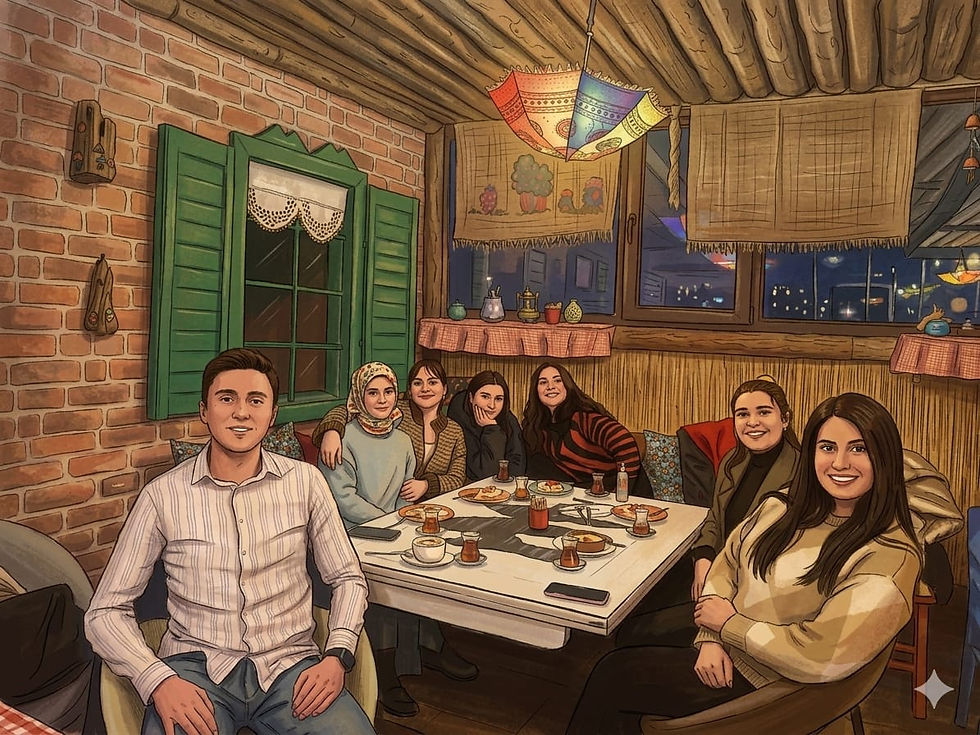 Sıcak bir kafede masada buluşan bir grup.