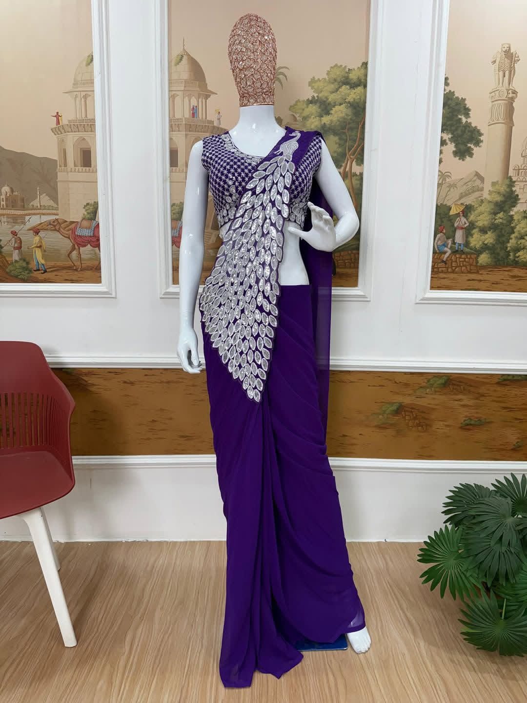 Purple Designer Saree with Silver Embellishment