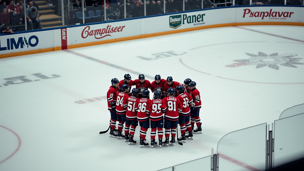 High angle view of a youth hockey team huddled on the ice