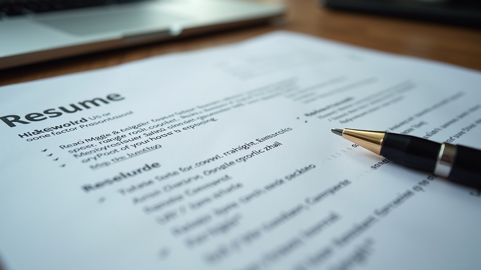 High angle view of a printed resume with highlighted keywords