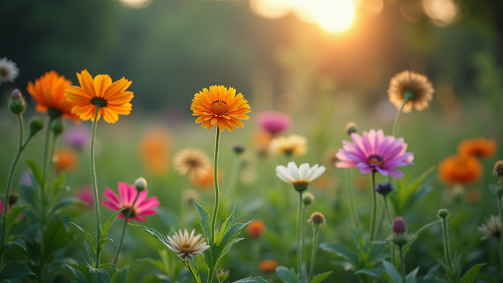 Eye-level view of a variety of blooming plants in a garden setting