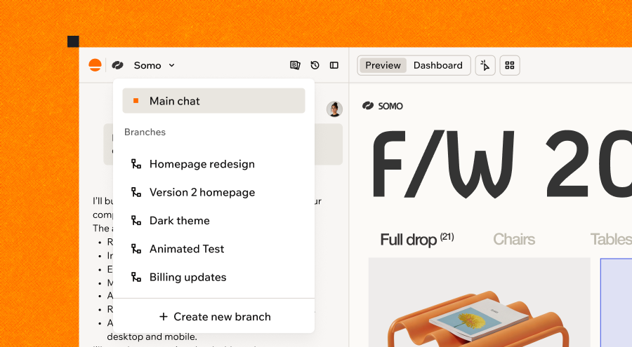 Multiple branches open in the Base44 editor, including Homepage redesign, Dark theme, and Billing updates, alongside the main chat.