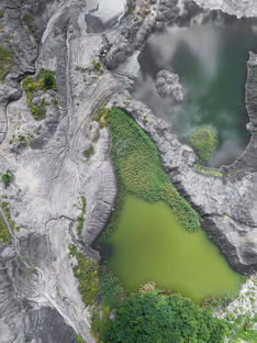 Aerial view of mountains and lake