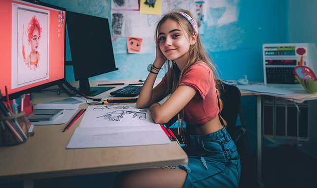 egorckey_in_photo_style_smily_teenage_girl_creates_graphic_desi_e363f1f6-884d-4743-b033-cb