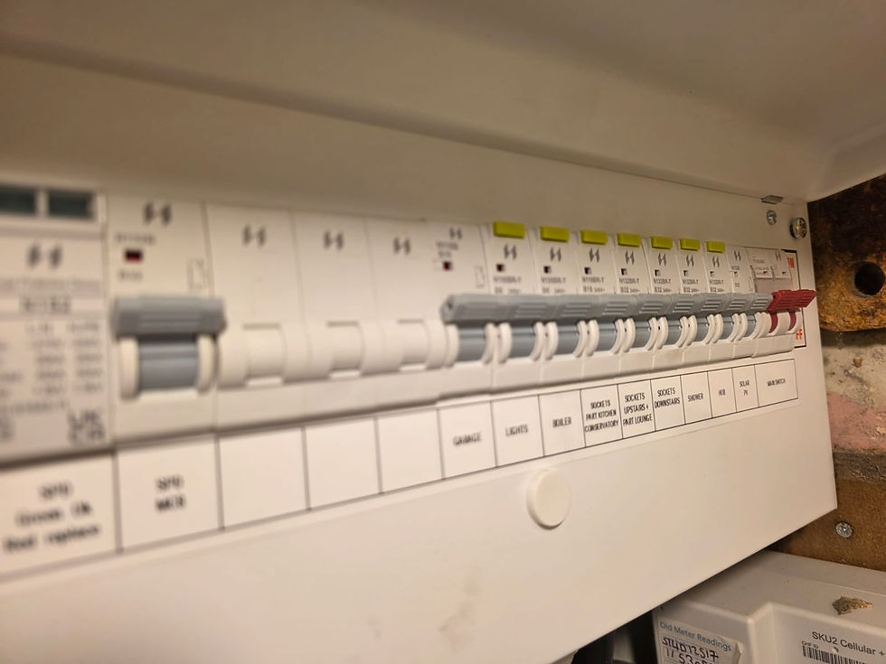 Open electrical fuse box with colourful cables and a warning tag indicating power isolation.