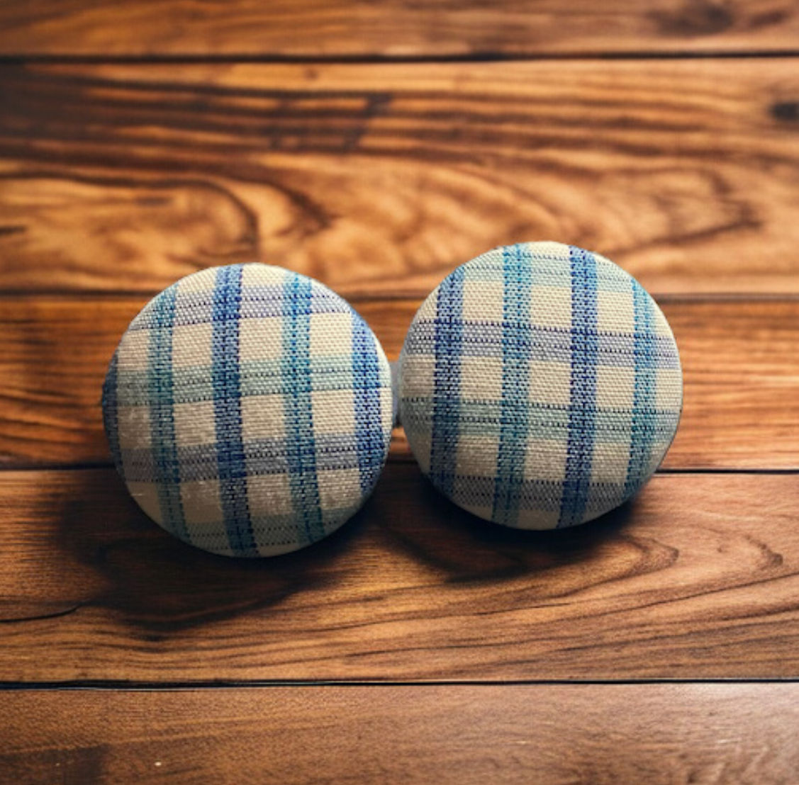 Fabric Button Earrings 23ml Blue Check