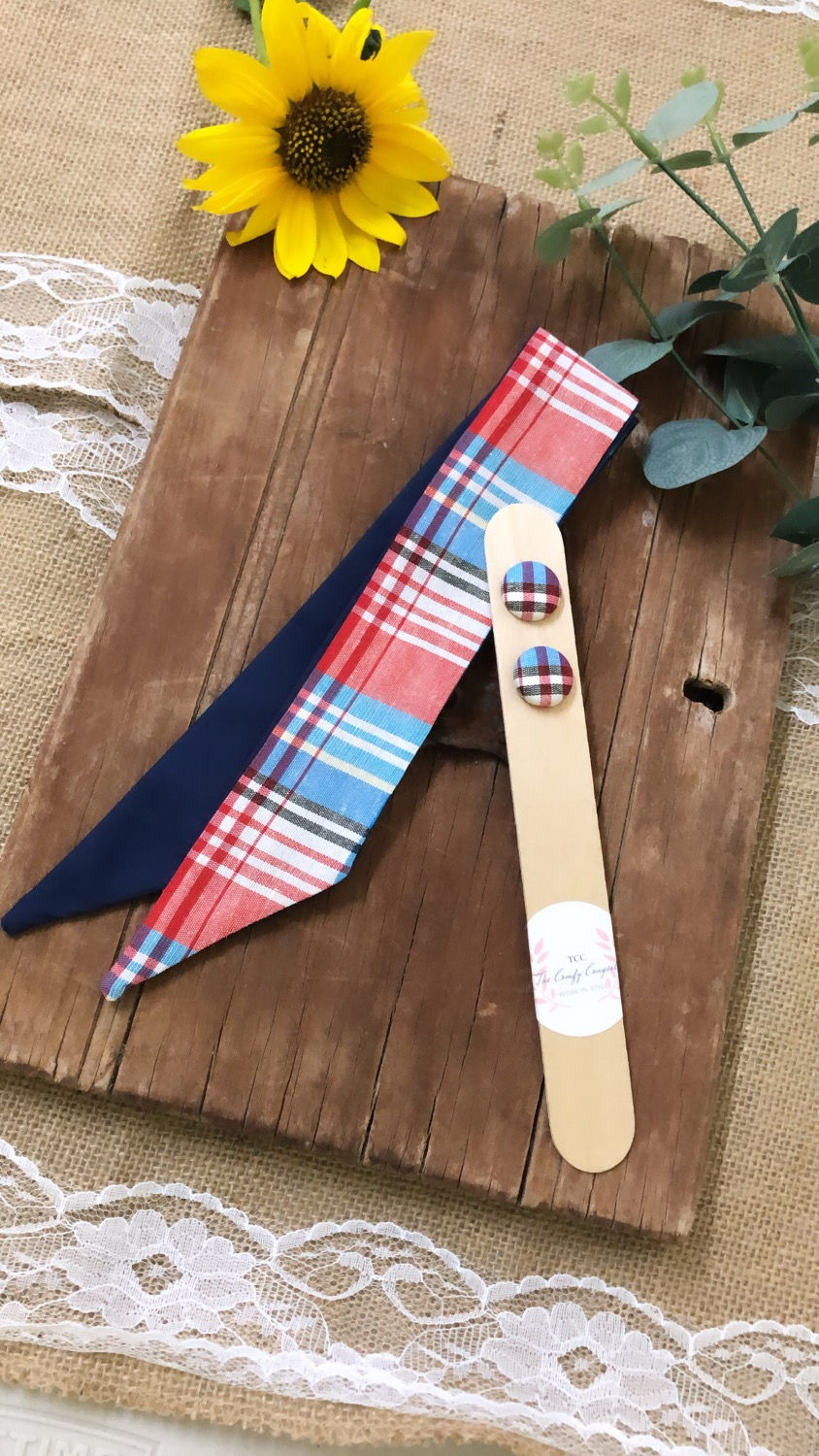 Blue Plaid Two Toned Neck Tie & Button Earring set