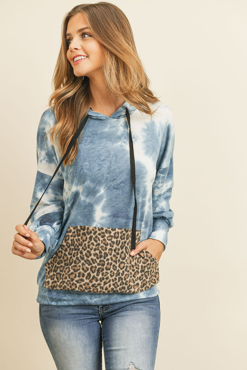 Thumbnail: Tie Dye Long Sleeve Leopard Contrast Pocket Hoodie With Drawstrings