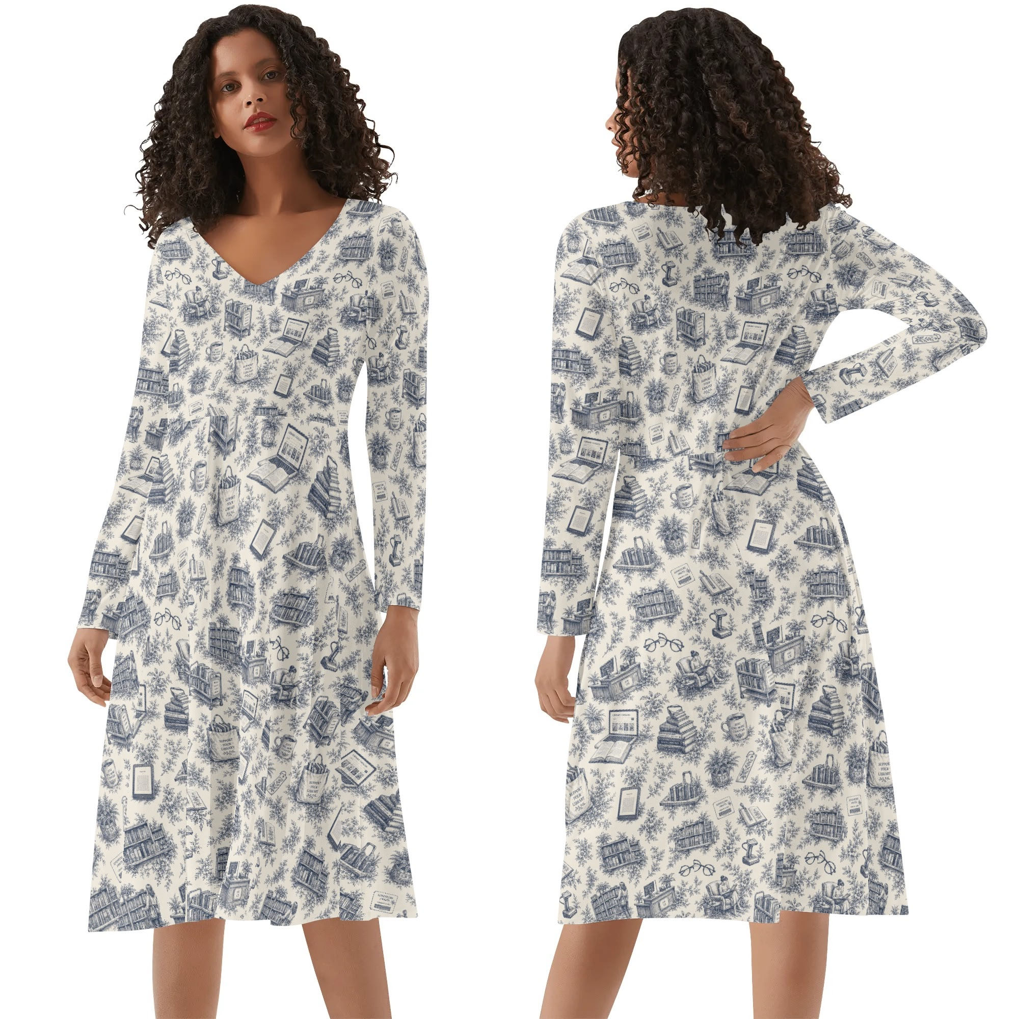 Blue Library Toile Dress for Teachers, Librarians, Book Lovers