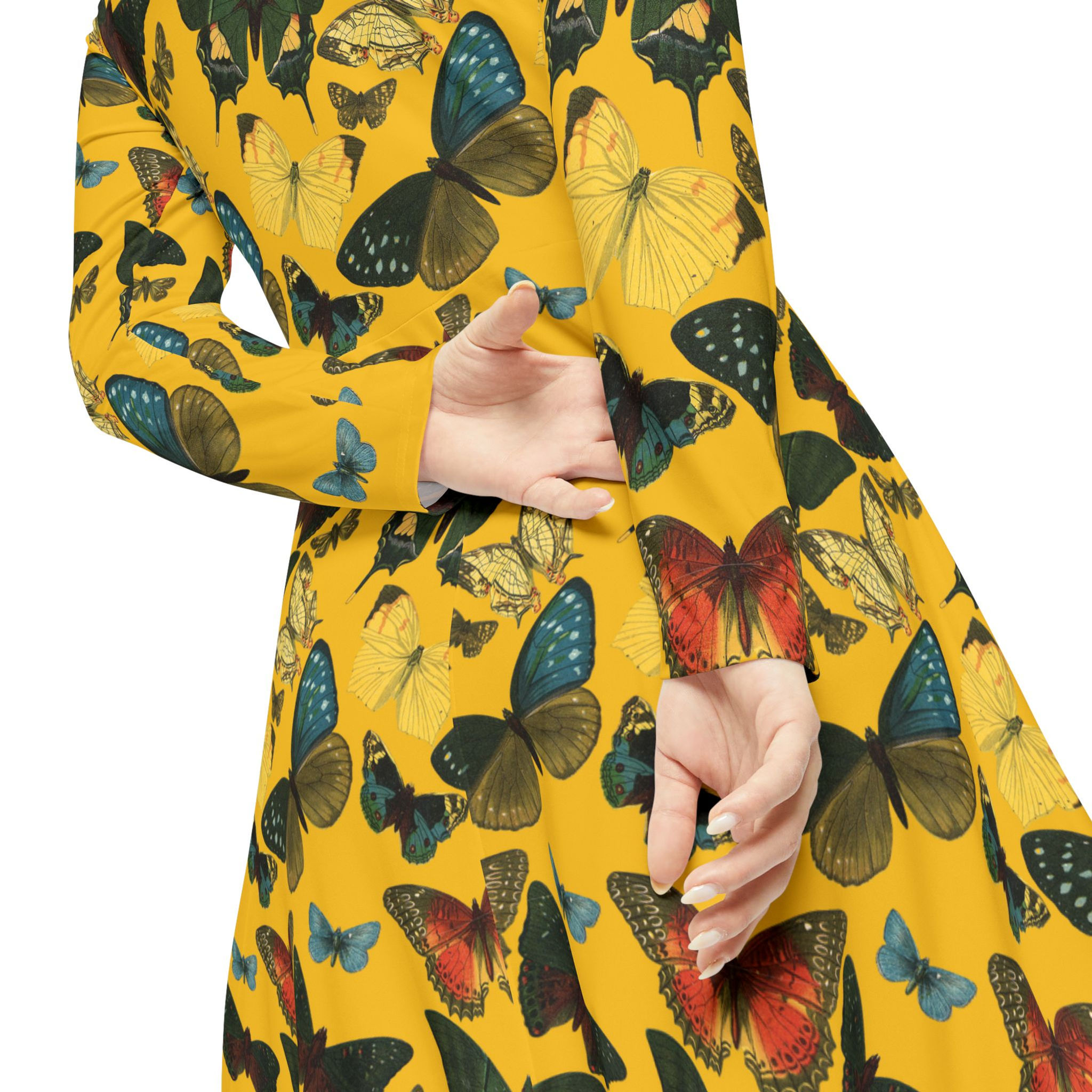 Victorian Butterfly Dress 1800s Illustration on Yellow, Insect, Cottagecore