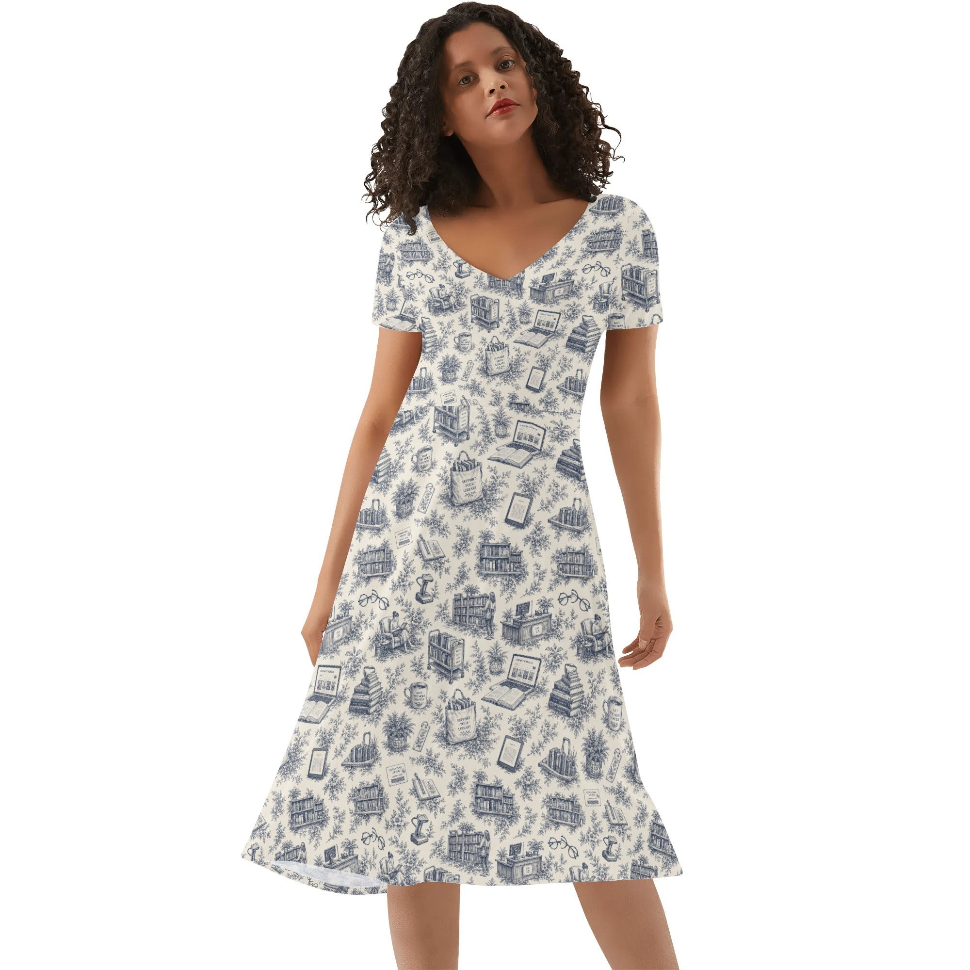 Women's Ruffle Trim Hem Dress: Blue Toile Library Pattern