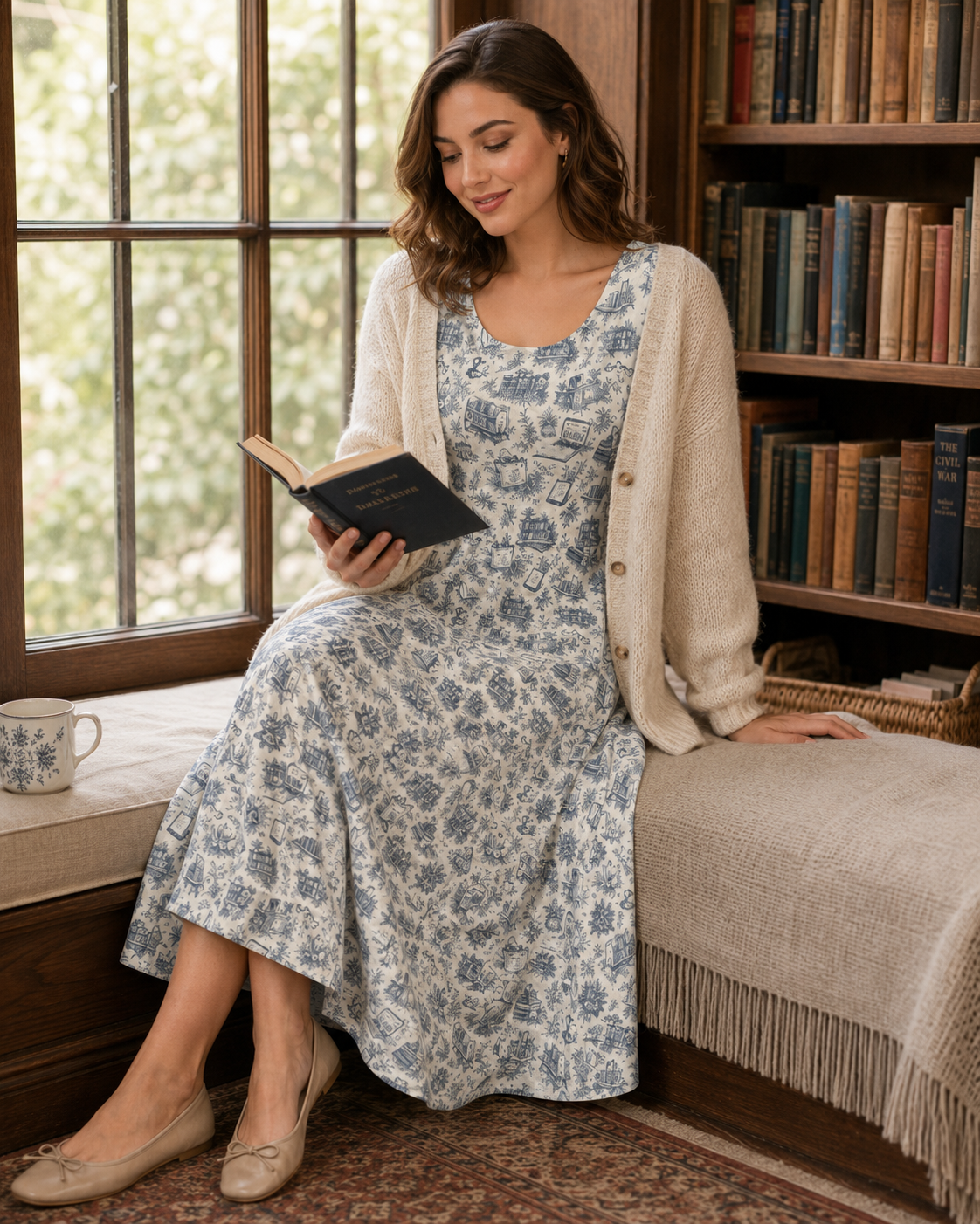 Women's Long Sleeves Flowy Dress: Blue Library Toile Pattern