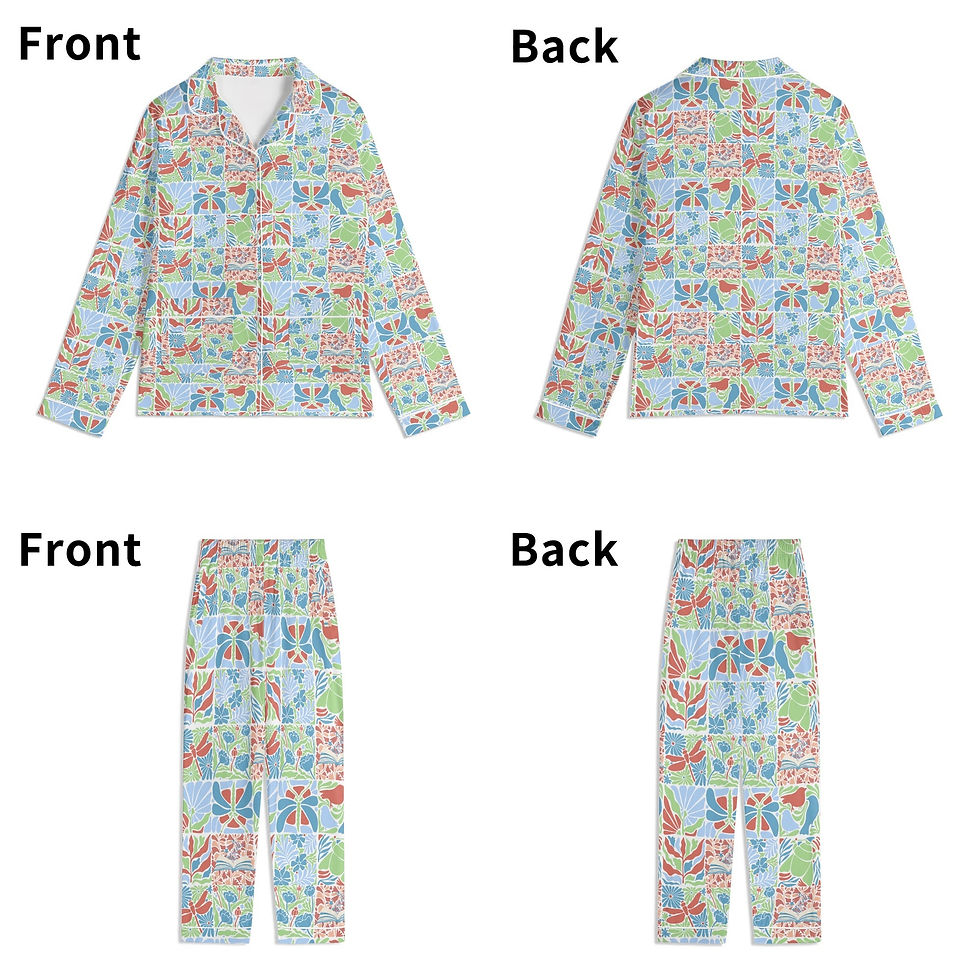 Thumbnail: Unisex Long Sleeve Adult Pajama Set Garden Pages Folk Art Books, Blooms & Wings