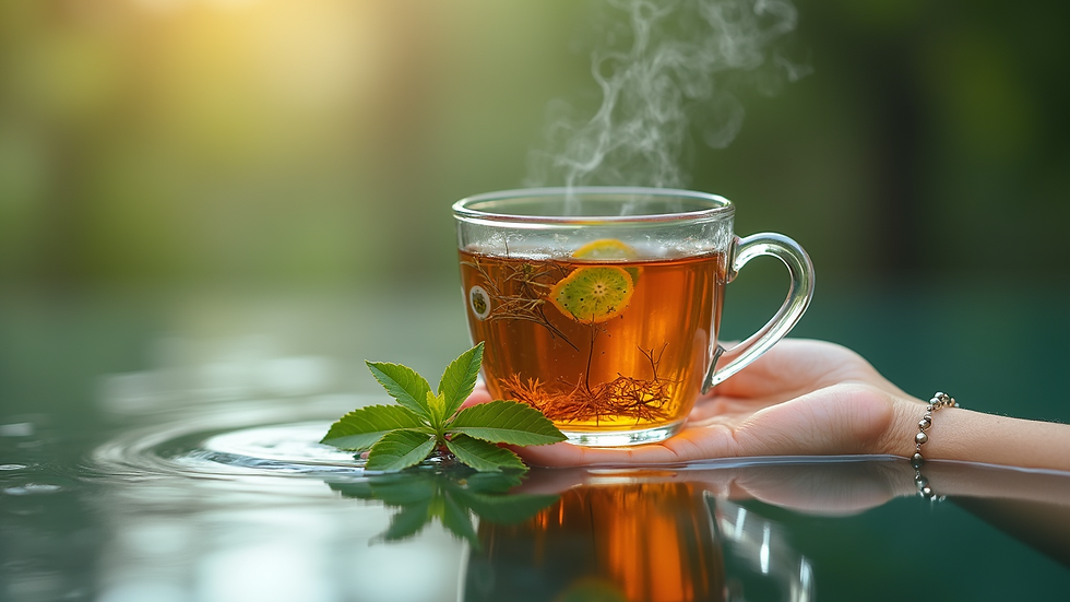 Vue en plongée d’une tasse d’infusion de plantes médicinales pour le foie