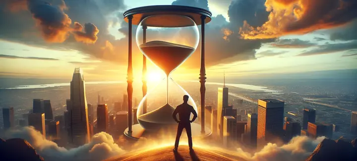 DALL·E 2024-02-20 16.51.03 - Create a cinematic landscape-oriented image featuring a realistic sunrise sky, depicting a man ready to conquer the world, standing near a giant hourg.webp