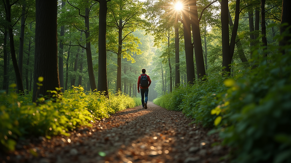 Eye-level view of a person walking on a forest trail surrounded by green trees