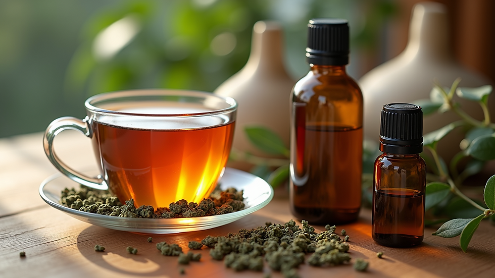 Close-up view of herbal teas and essential oils on a wooden table