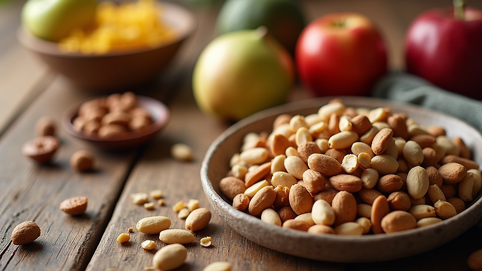 High angle view of a wooden table with healthy snacks like nuts, fruits, and seeds
