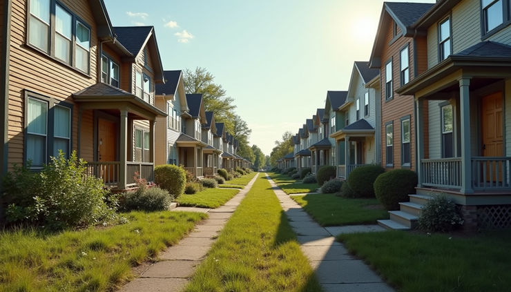 Eye-level view of a row of boarded-up vacant houses in an urban neighborhood